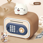 Brown children's safe with a digital keypad and cartoon cat design on a beige background