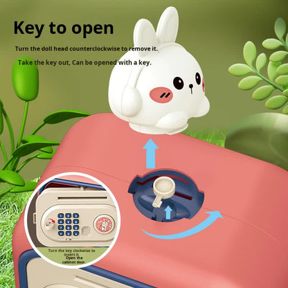 Illustration of a cartoon rabbit character on top of a red money box with key instructions.