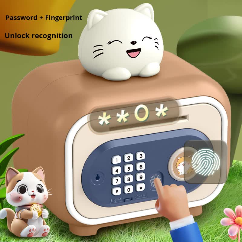 Children's toy money box safe with a cartoon cat design on a green background