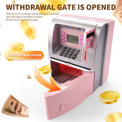 Pink toy cash register with money and coins around on a white background