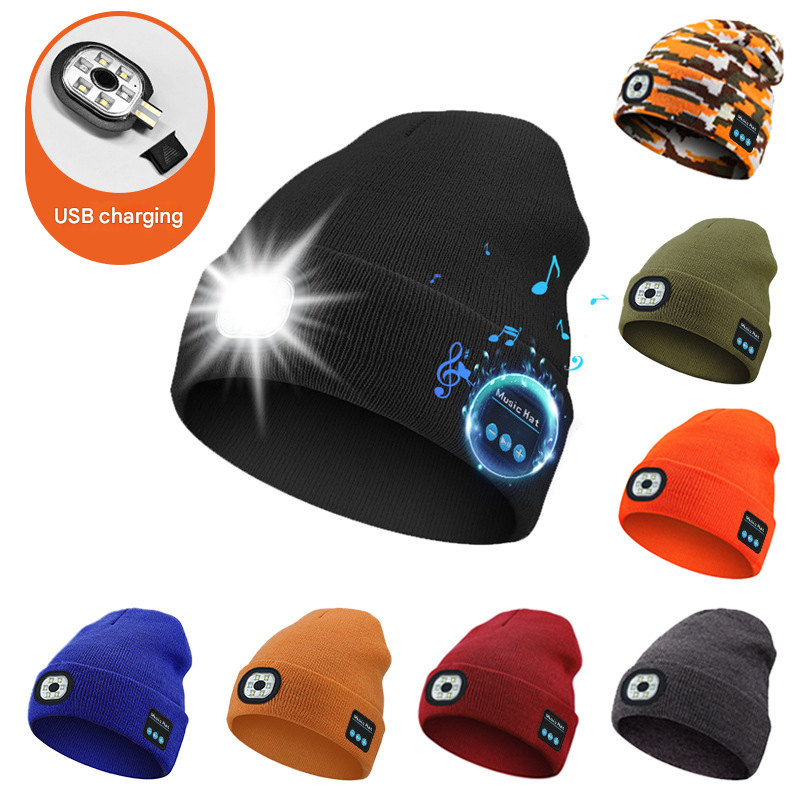 Navy blue Wireless Bluetooth Beanie Hat with USB Rechargeable LED Headlight - Unisex Knit Cap for Running & Camping