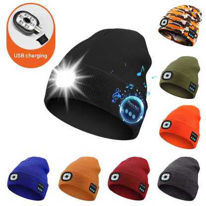 Navy blue Wireless Bluetooth Beanie Hat with USB Rechargeable LED Headlight - Unisex Knit Cap for Running & Camping