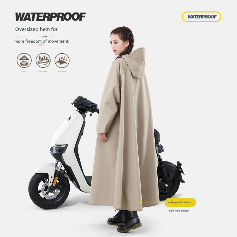 Khaki Long Full-Body Waterproof Raincoat for Electric Scooters & Motorcycles - Men's and Women's Riding Poncho with Adjustable Hood and Sleeve Design(L)