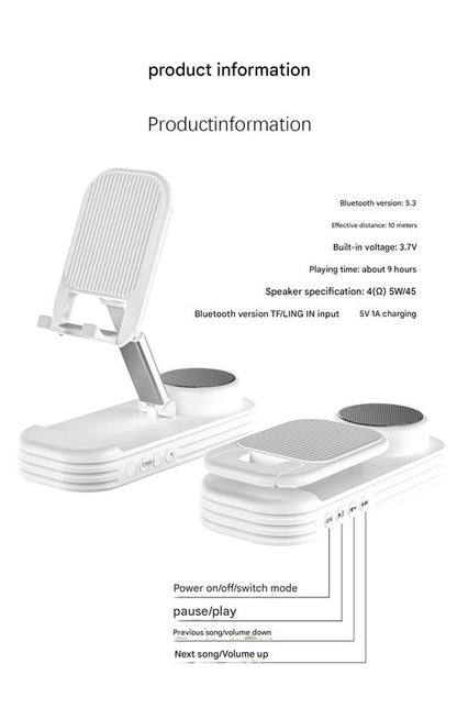 Foldable Desktop Phone Stand with Bluetooth 5.3 Speaker - Adjustable Angle & Height, TF/Line-In(white)