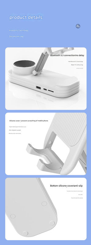 Foldable Desktop Phone Stand with Bluetooth 5.3 Speaker - Adjustable Angle & Height, TF/Line-In(black)