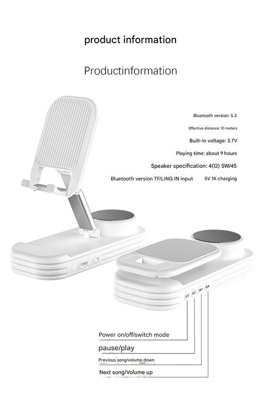 Foldable Desktop Phone Stand with Bluetooth 5.3 Speaker - Adjustable Angle & Height, TF/Line-In(pink)