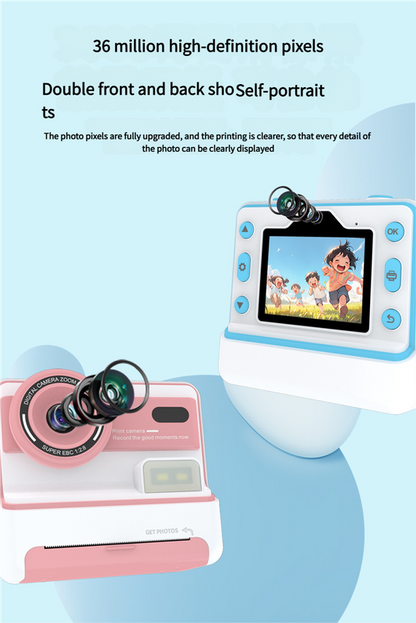 Kids Instant Print Camera - Creative Drawing & Photo Fun with Thermal Printing(Blue+64GB memory card)