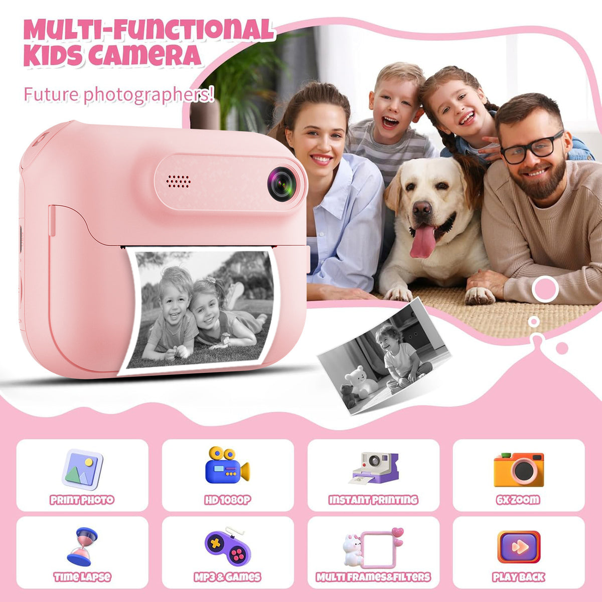 Kids Multi-Functional Camera Toy - Instant B&W Printing & Creative Stickers(white)