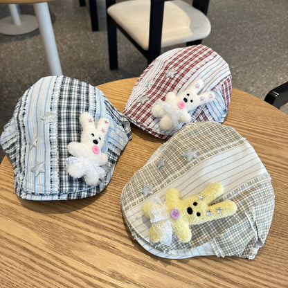 Patchwork Plaid Cotton Cap with Decorative Details(brown)