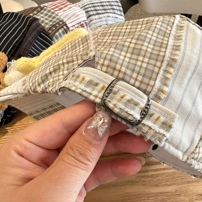 Patchwork Plaid Cotton Cap with Decorative Details(blue)