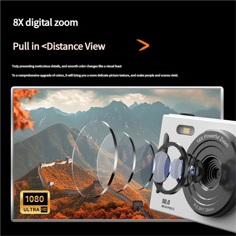 50MP HD Digital Camera with 8X Zoom & Dual Lens System(black)