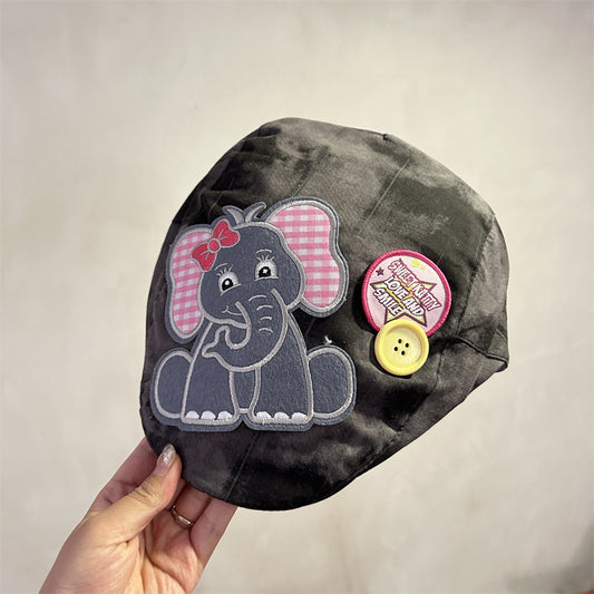 Cute Elephant Applique Beret Hat - Soft Fabric, Adjustable Fit, Retro Newsboy Cap(Black)