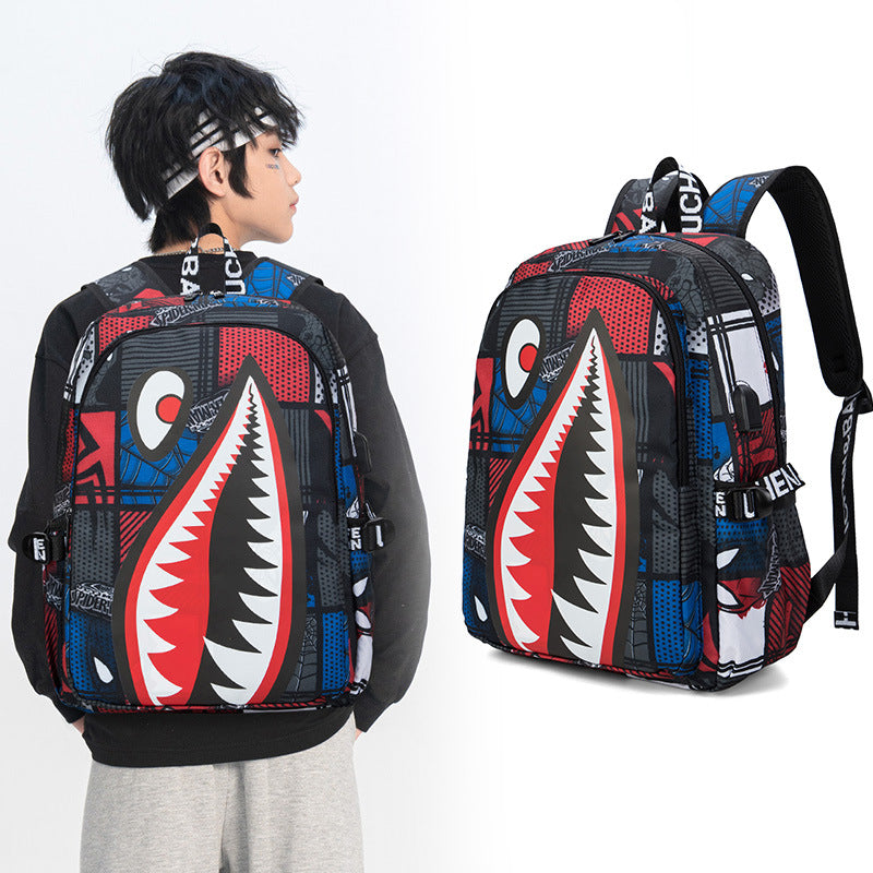 Trendsetter Shark Mouth Print Backpack - Lightweight & Breathable School Bag(Red spider)