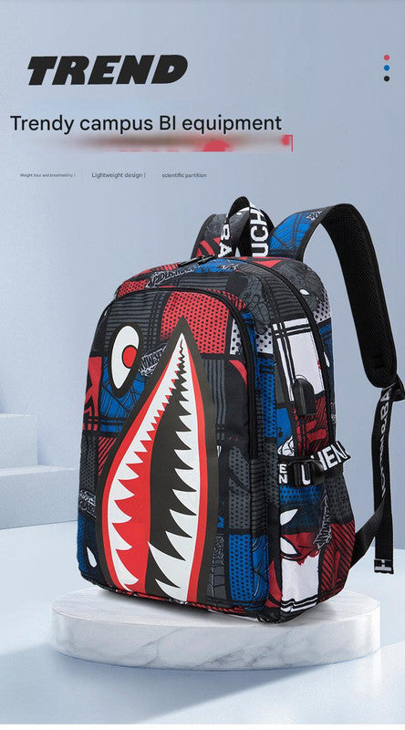 Trendsetter Shark Mouth Print Backpack - Lightweight & Breathable School Bag(Red leaves)