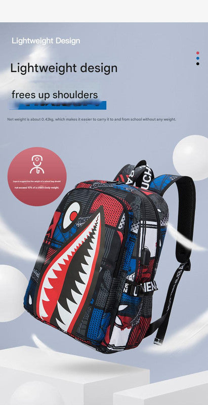 Trendsetter Shark Mouth Print Backpack - Lightweight & Breathable School Bag(Red leaves)