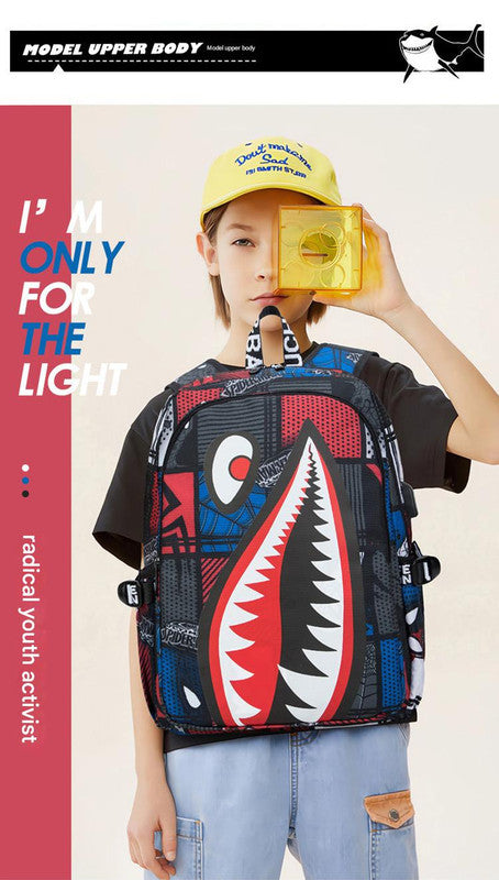 Trendsetter Shark Mouth Print Backpack - Lightweight & Breathable School Bag(Red leaves)