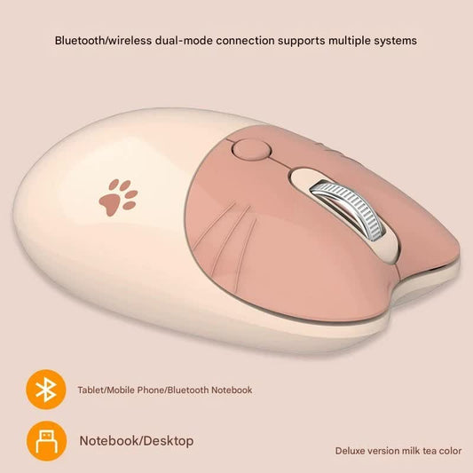 Cute Cat Shaped Wireless Office Mouse - Dual Mode 2.4G/Bluetooth, 3-Level DPI, Silent Click(Milk tea color)