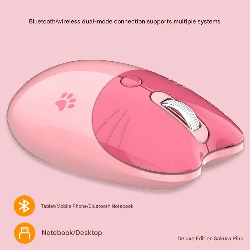 Cute Cat Shaped Wireless Office Mouse - Dual Mode 2.4G/Bluetooth, 3-Level DPI, Silent Click(pink)