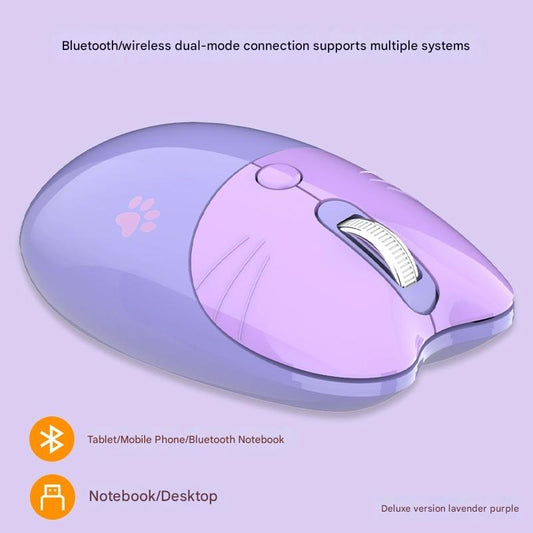 Cute Cat Shaped Wireless Office Mouse - Dual Mode 2.4G/Bluetooth, 3-Level DPI, Silent Click(purple)