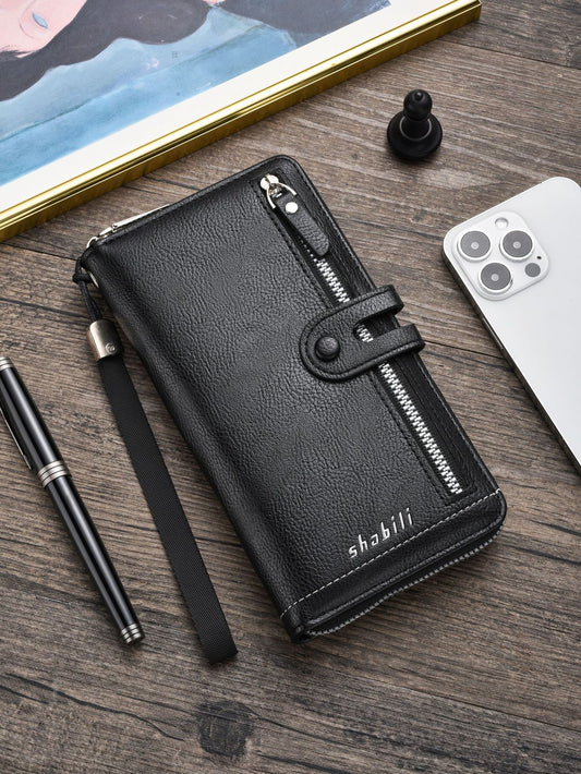 Two pieces High-Capacity PU Leather Clutch Wallet - Unisex Design with Wrist Strap, Zipper & Multiple Card Slots(black)