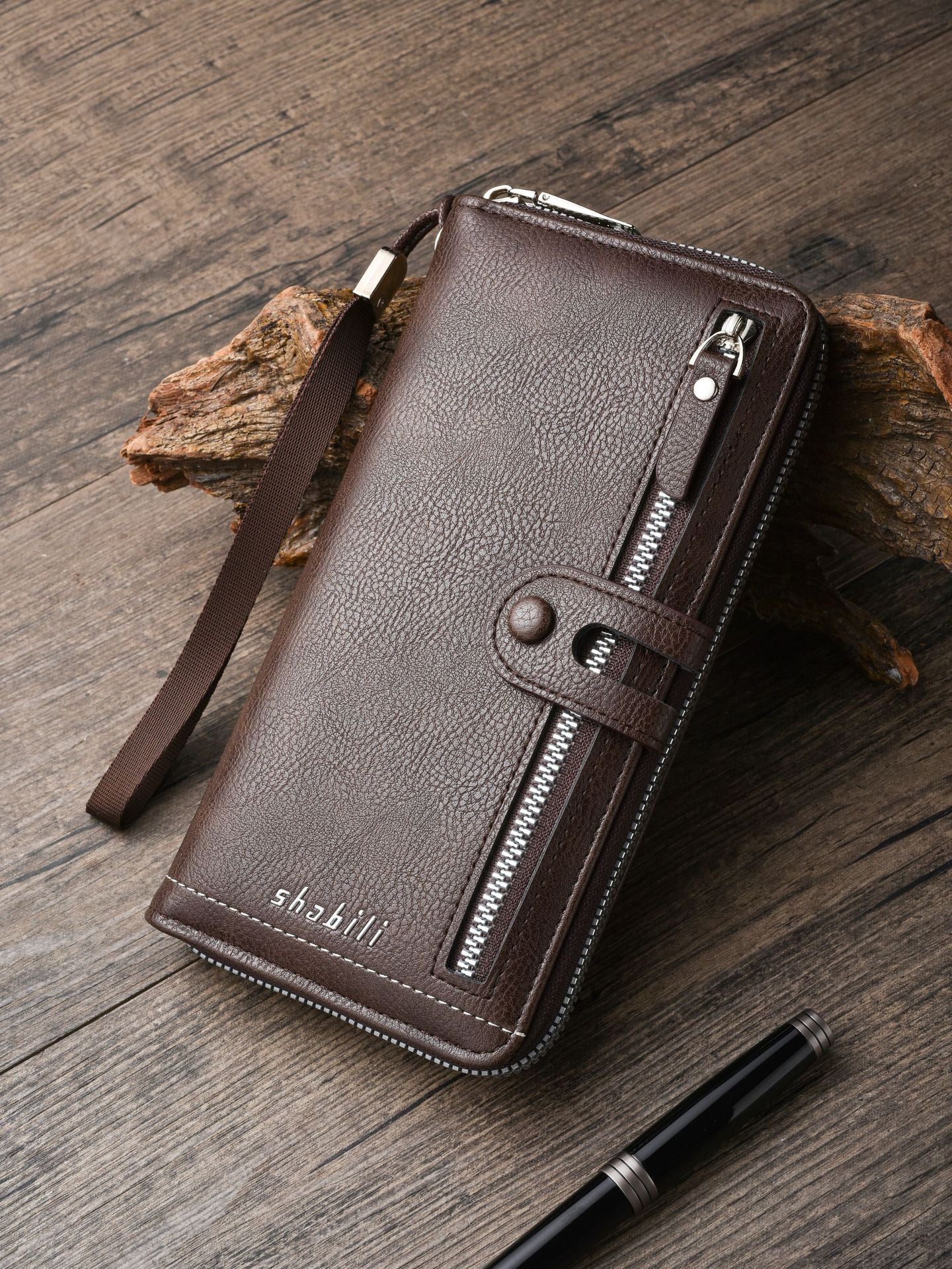Two pieces High-Capacity PU Leather Clutch Wallet - Unisex Design with Wrist Strap, Zipper & Multiple Card Slots(Dark brown)