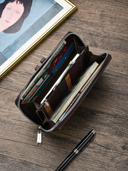 Two pieces High-Capacity PU Leather Clutch Wallet - Unisex Design with Wrist Strap, Zipper & Multiple Card Slots(Dark brown)