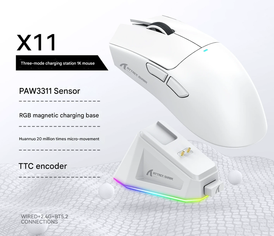 High-Performance Tri-Mode Wireless Gaming Mouse - 22000 DPI, Rechargeable, with RGB Charging Dock(white)