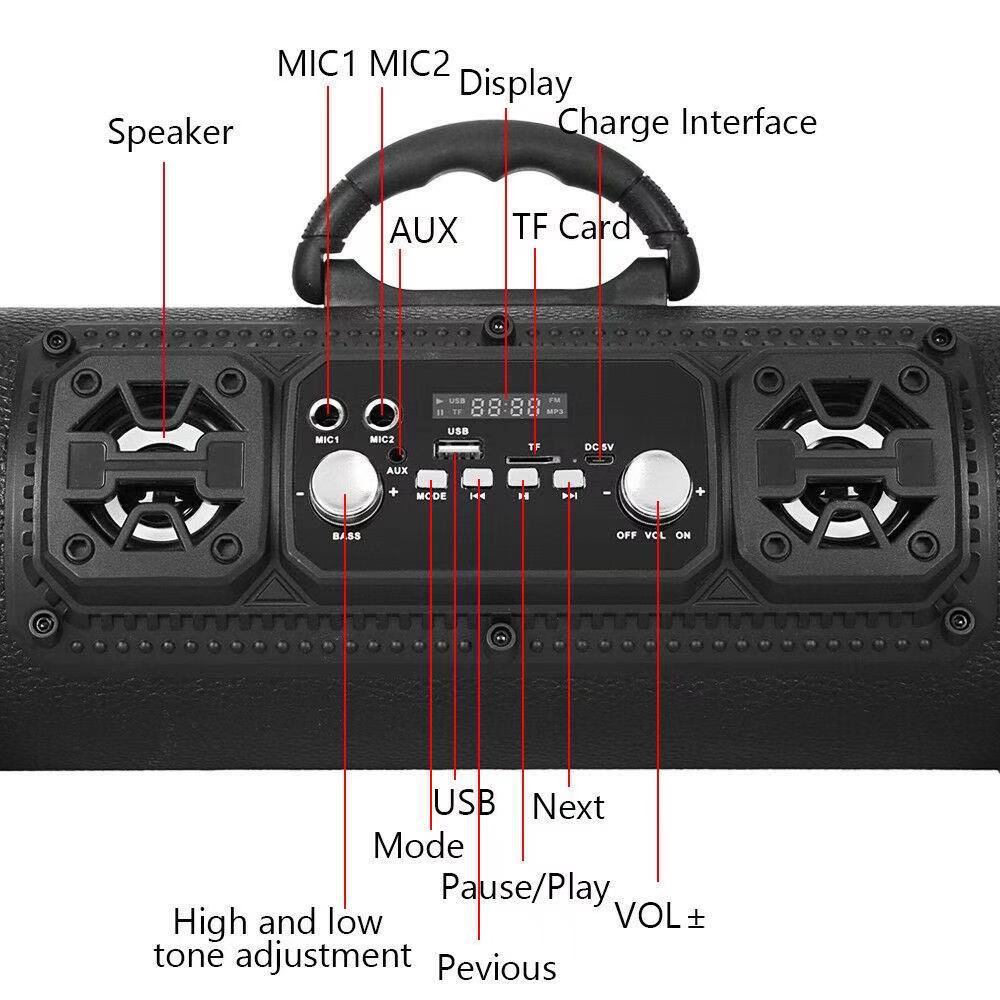 Portable Wireless Speaker - FM Radio, USB/TF Playback, AUX Input, Microphone Support & 2000mAh Battery(Blue and black)