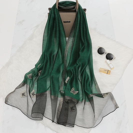 Elegant Butterfly Embroidered Scarf Shawl - Large Soft Silk Blend Wrap for Women(Green)