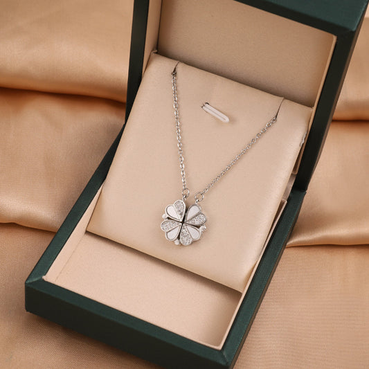 S925 Sterling Silver 2-in-1 Magnetic Convertible Clover to Hearts Pendant Necklace(Platinum)