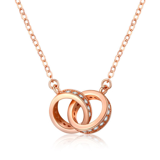 2pc Elegant Interlocking Rings Pendant Necklace with Zirconia Accents - Copper Base, Minimalist Jewelry(Rose gold)