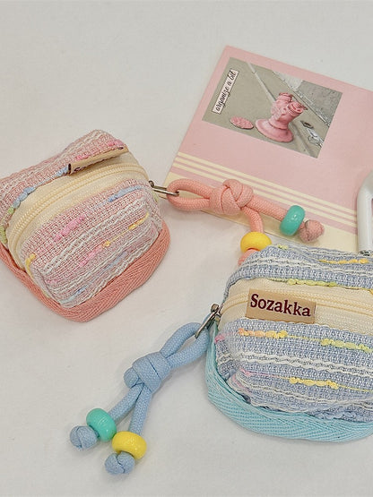 3pc Chic Woven Mini Backpack Pouch - Earphone Case & Coin Purse with Keychain Lanyard(pink)
