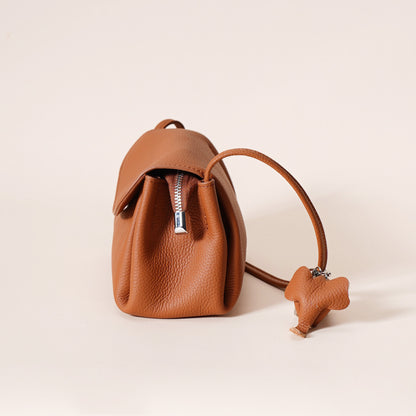 Genuine Leather Flap Crossbody Bag with Elephant Charm - Compact & Stylish Shoulder Purse(White)
