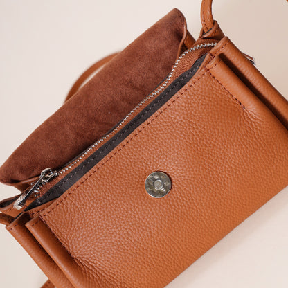 Genuine Leather Flap Crossbody Bag with Elephant Charm - Compact & Stylish Shoulder Purse(Golden brown)