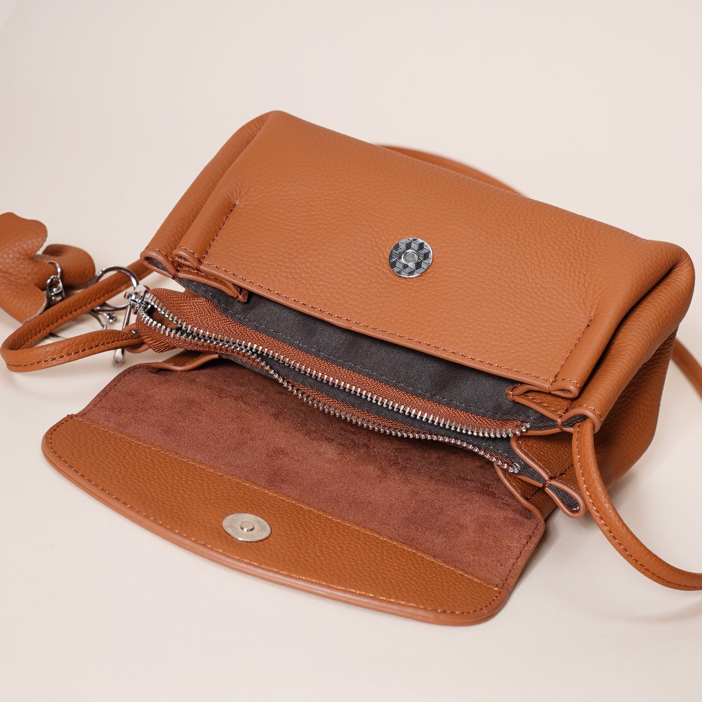Genuine Leather Flap Crossbody Bag with Elephant Charm - Compact & Stylish Shoulder Purse(Dark gray)