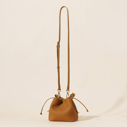 Genuine Leather Mini Bucket Bag with Braided Handle - Chic Drawstring Crossbody Purse(Biscuit)