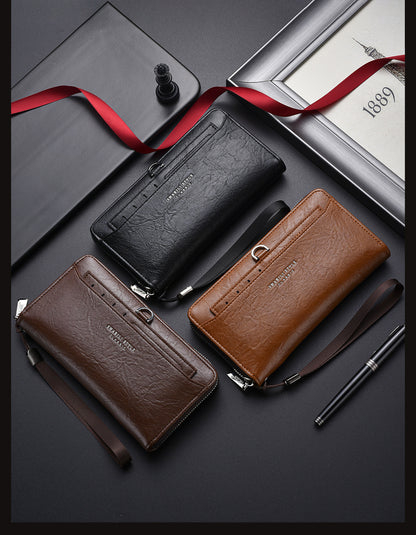 Black Classic Long Zipper Wallet Clutch - Large Capacity PU Leather Phone & Card Holder with Wrist Strap
