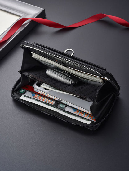 Black Classic Long Zipper Wallet Clutch - Large Capacity PU Leather Phone & Card Holder with Wrist Strap