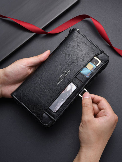 Coffee Classic Long Zipper Wallet Clutch - Large Capacity PU Leather Phone & Card Holder with Wrist Strap