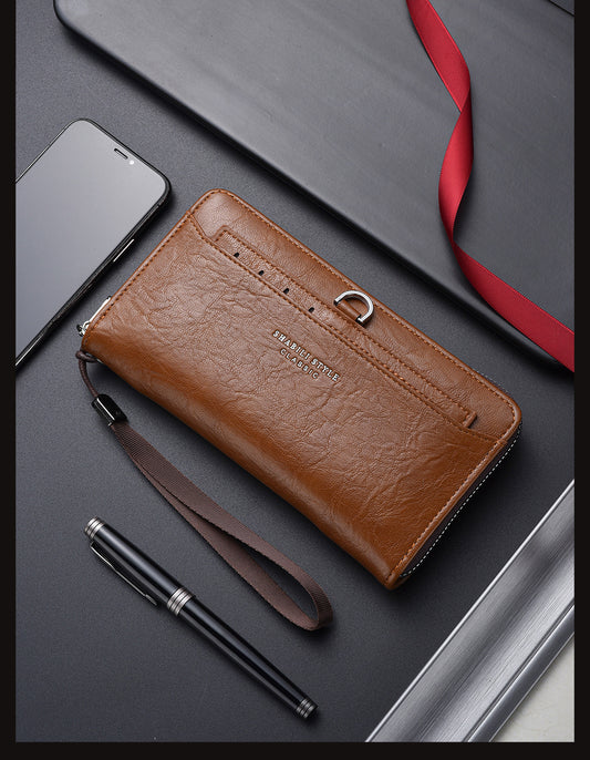 Brown Classic Long Zipper Wallet Clutch - Large Capacity PU Leather Phone & Card Holder with Wrist Strap