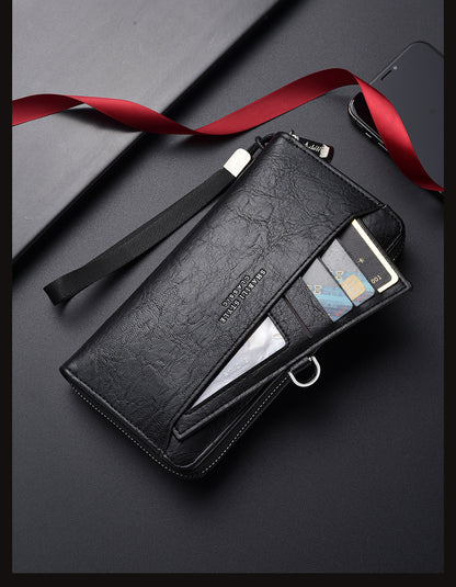 Brown Classic Long Zipper Wallet Clutch - Large Capacity PU Leather Phone & Card Holder with Wrist Strap