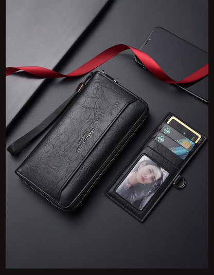 Brown Classic Long Zipper Wallet Clutch - Large Capacity PU Leather Phone & Card Holder with Wrist Strap