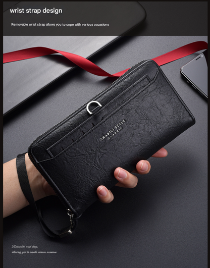 Brown Classic Long Zipper Wallet Clutch - Large Capacity PU Leather Phone & Card Holder with Wrist Strap