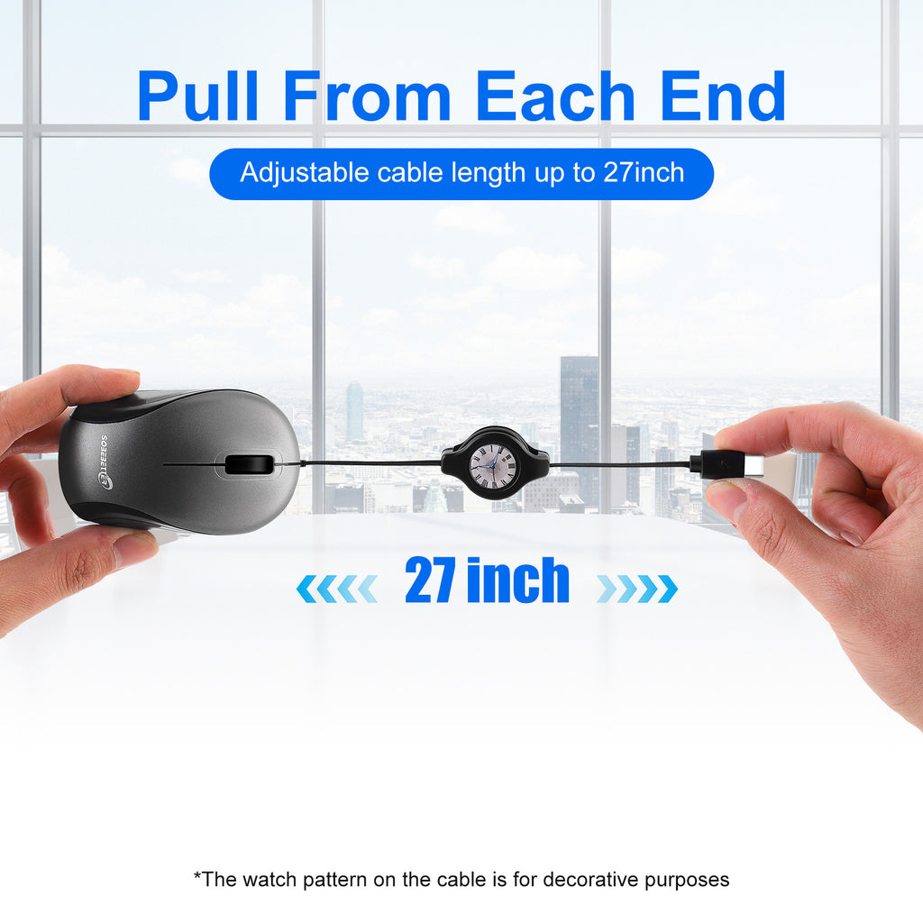 Grey and Black Portable Mini USB-C Mouse with Retractable Cable - Silent Click Travel Mouse for Laptop, MacBook, Tablet