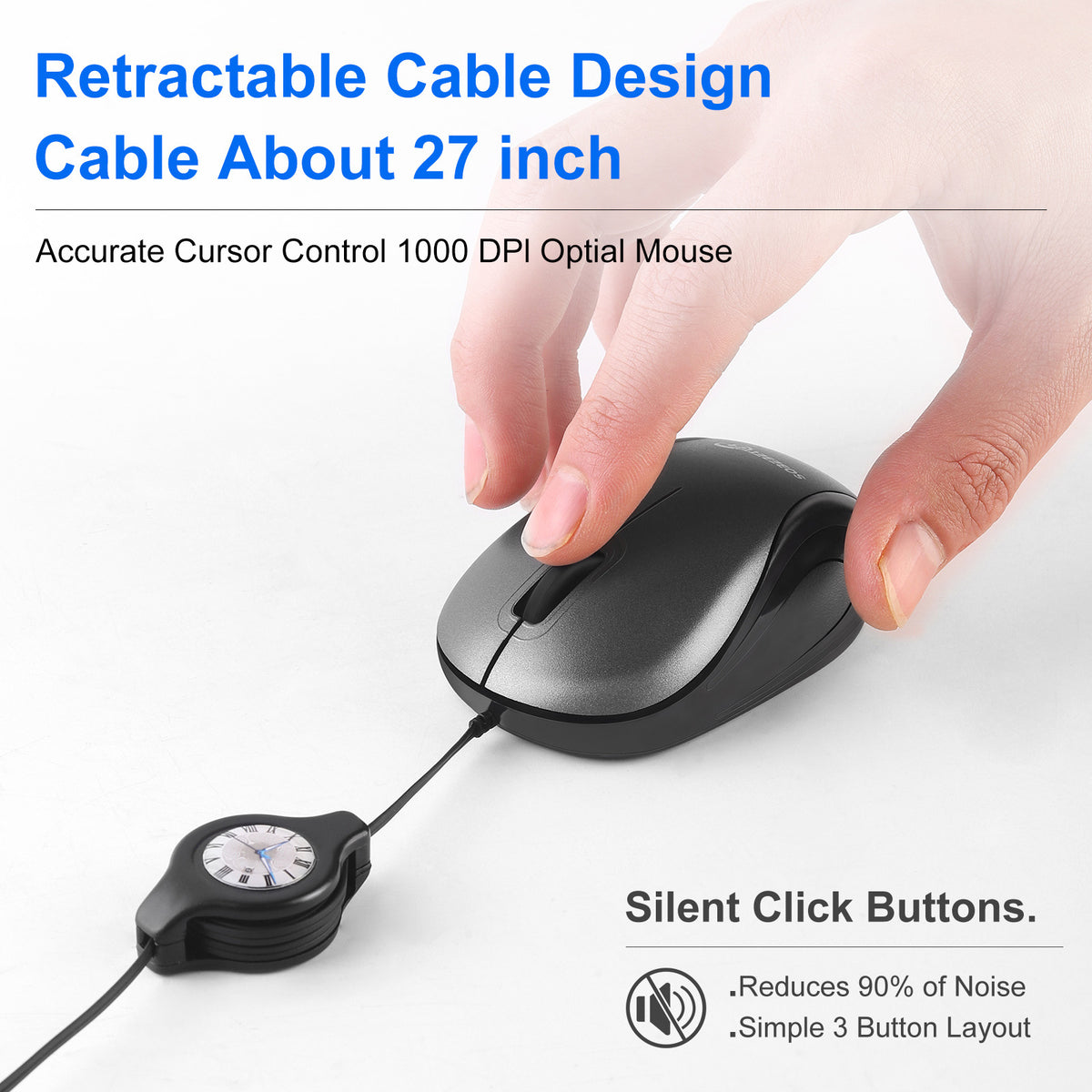 Grey and Black Portable Mini USB-C Mouse with Retractable Cable - Silent Click Travel Mouse for Laptop, MacBook, Tablet