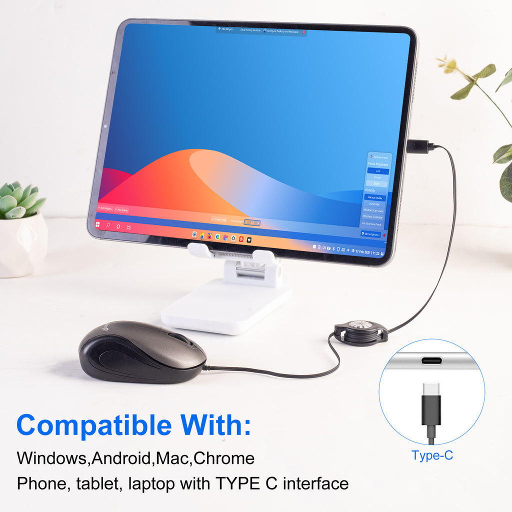 Grey and Black Portable Mini USB-C Mouse with Retractable Cable - Silent Click Travel Mouse for Laptop, MacBook, Tablet