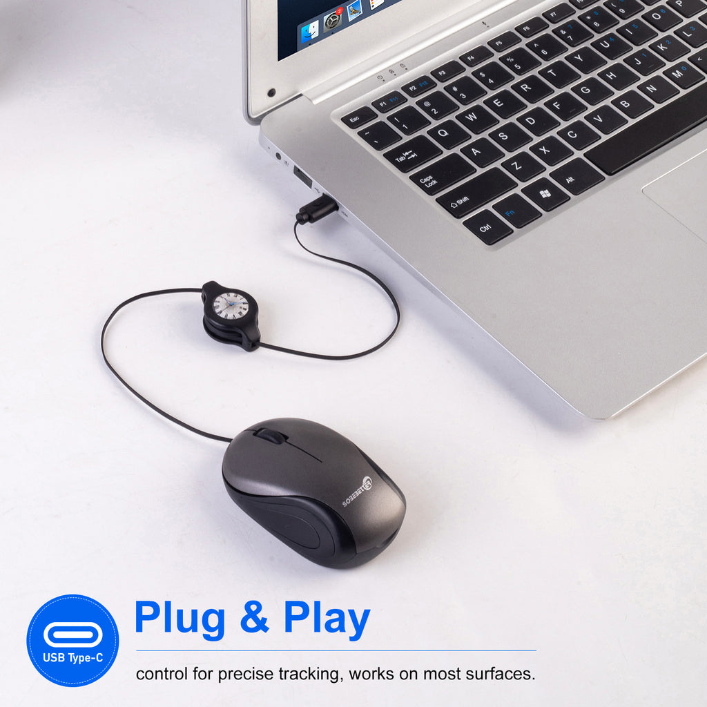 Grey and Black Portable Mini USB-C Mouse with Retractable Cable - Silent Click Travel Mouse for Laptop, MacBook, Tablet