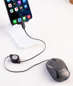 Grey and Black Portable Mini USB-C Mouse with Retractable Cable - Silent Click Travel Mouse for Laptop, MacBook, Tablet