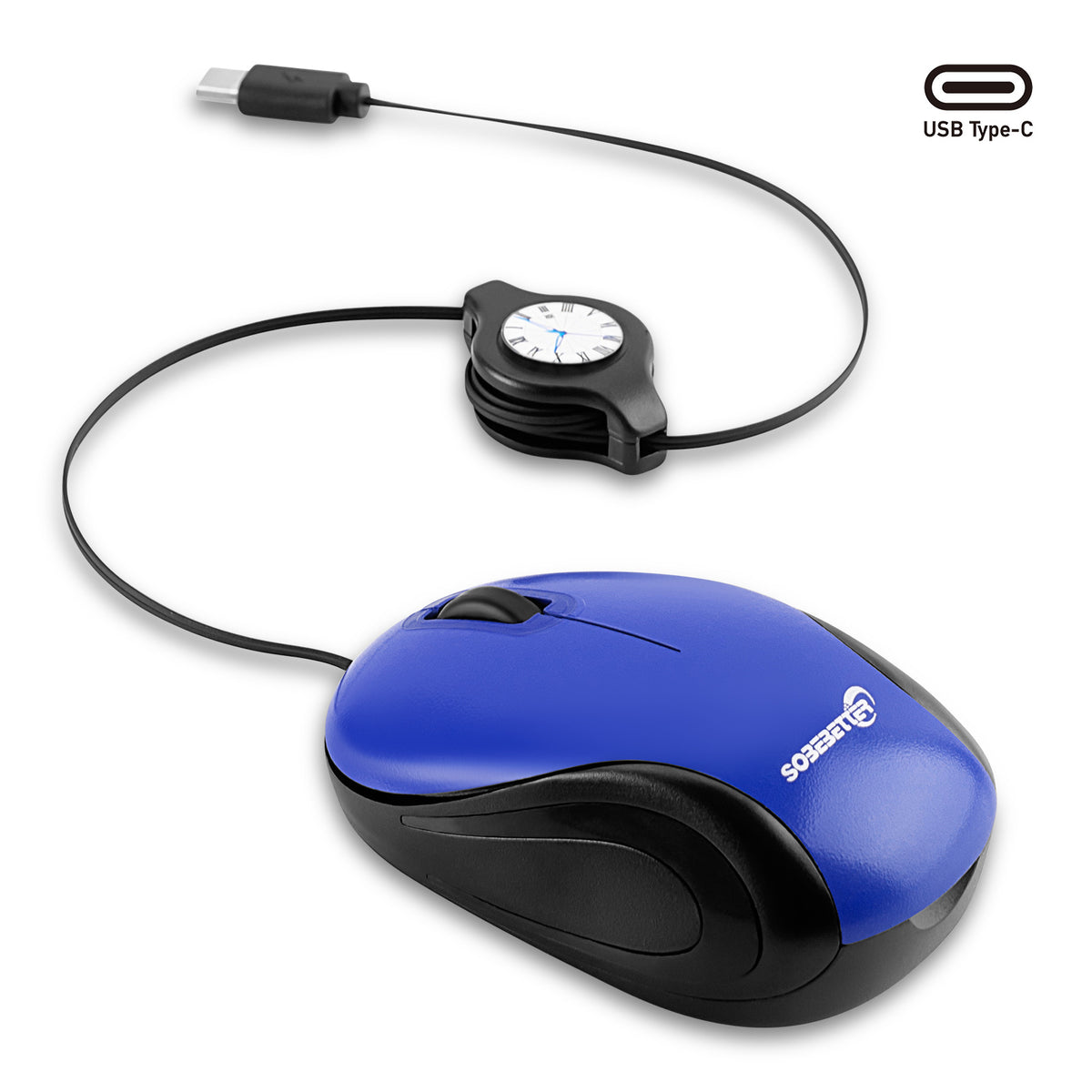 Blue and Black Portable Mini USB-C Mouse with Retractable Cable - Silent Click Travel Mouse for Laptop, MacBook, Tablet