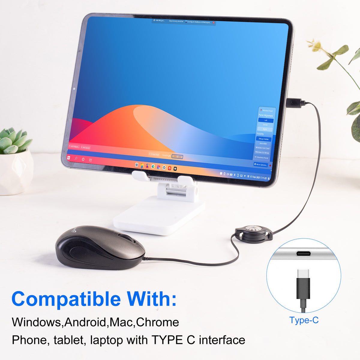 Blue and Black Portable Mini USB-C Mouse with Retractable Cable - Silent Click Travel Mouse for Laptop, MacBook, Tablet